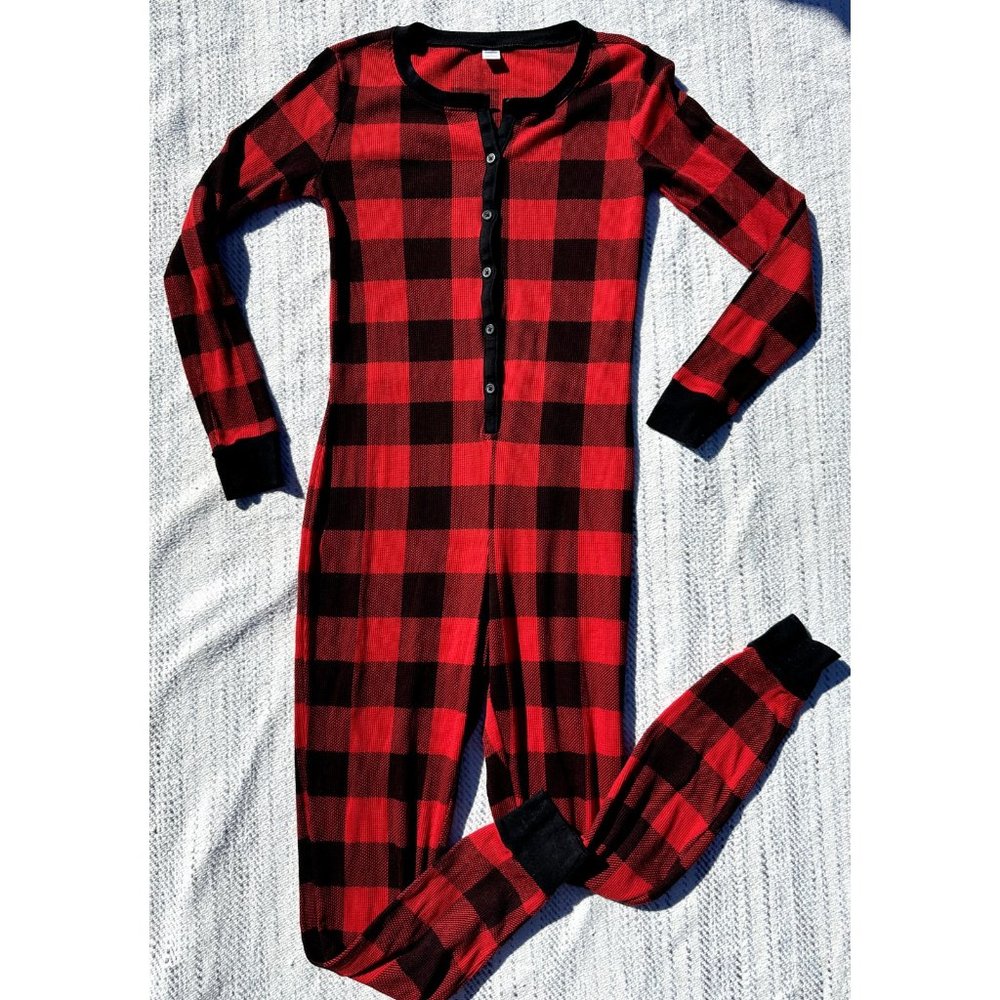 Old Navy Union Suit Small Red Black Plaid Thermo Christmas Henley Y2K Adults - Picture 1 of 8